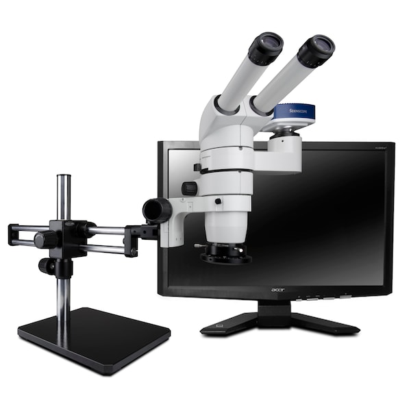 20 Degree Head Stereo Zoom Microscope, LED Light, Camera On Dual Arm Stand